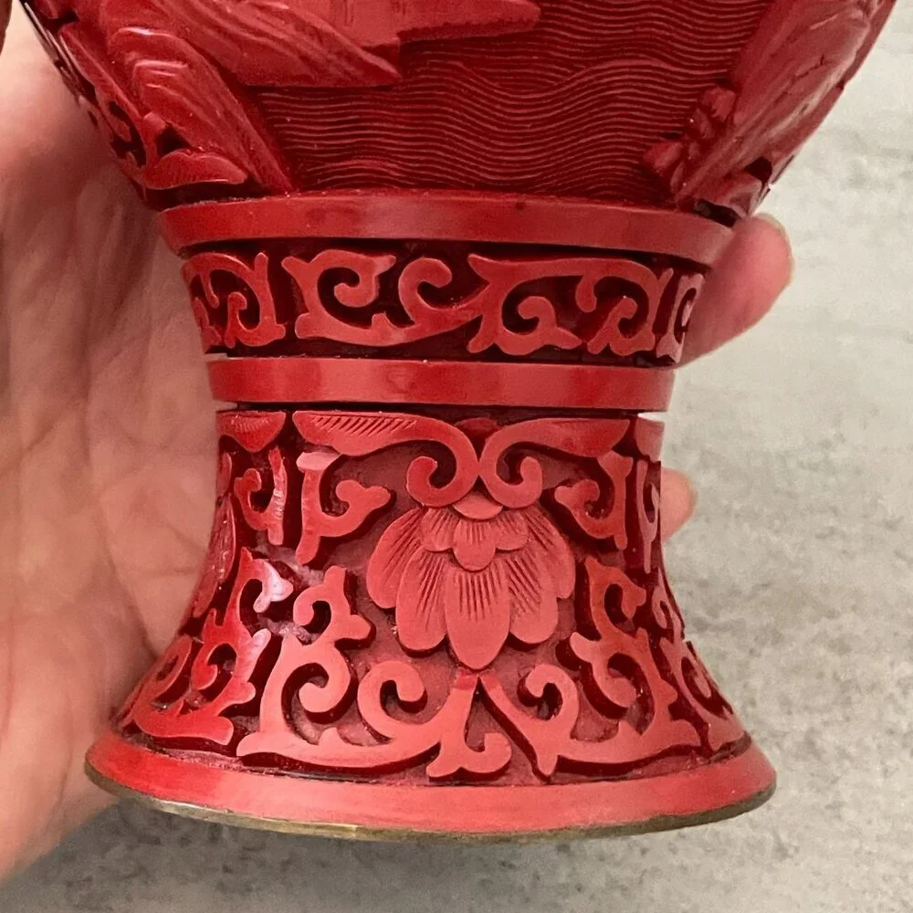 Vintage Red Cinnabar Blue Enamel Brass Hand Carved Lacquer Medium Vase 8.25